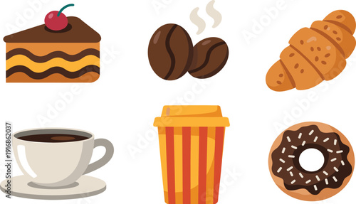Cartoon bakery and coffee set illustration, cake croissant donut takeaway cup and coffee beans flat vector isolated background
