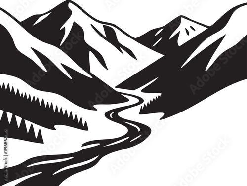 Minimalist Mountain Landscape River Silhouette Black