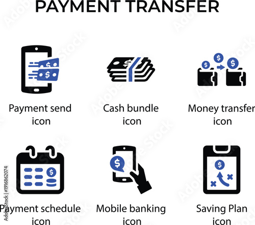 Payment send, Cash bundle, Money transfer, Payment schedule, Mobile banking, Saving Plan, icon