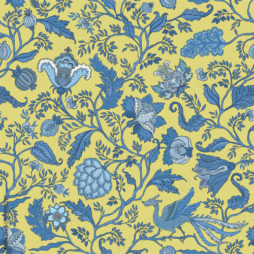 Detailed Jacobean chintz seamless vector pattern with rich flowers, foliage, ...