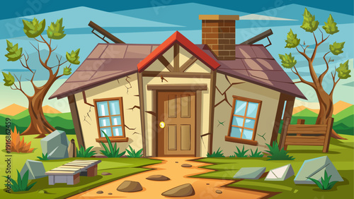Simple cartoon vector of a damaged house with broken door cracked walls and empty surroundings in flat clean style