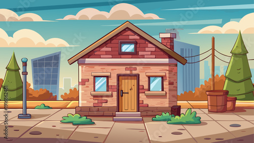 Minimal cartoon vector of a tiny brick house in a poor area with faded colors empty street and clean flat style