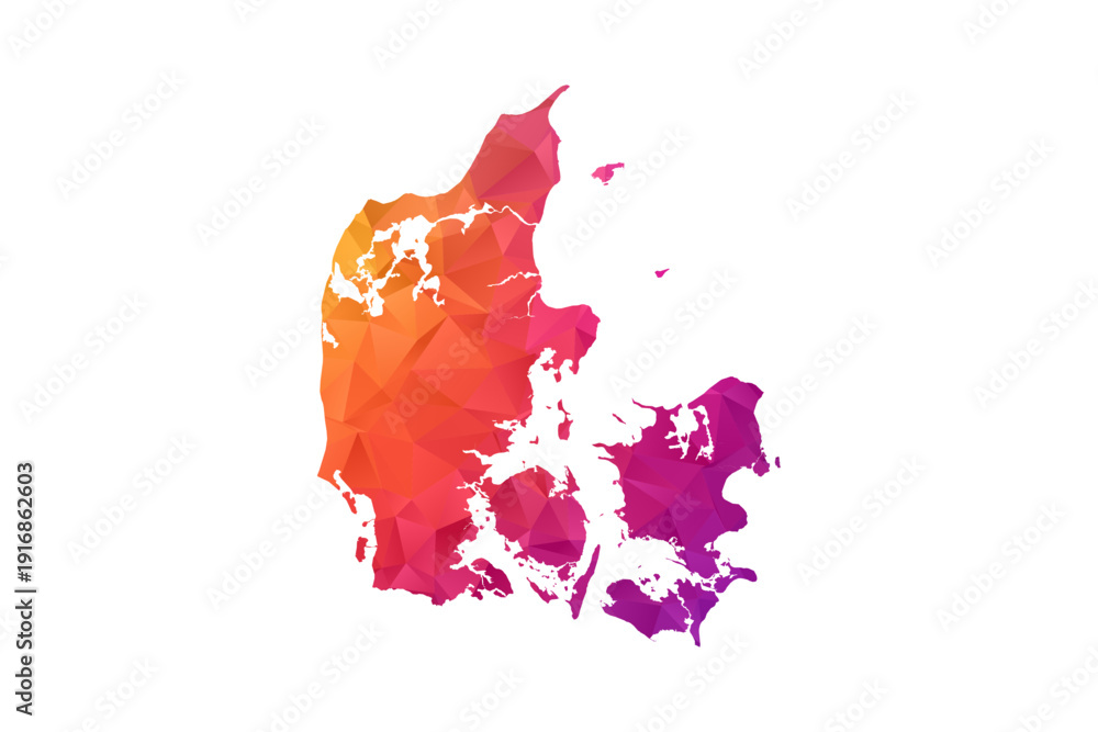 Obraz premium Denmark Map - Polygon Style Vector Illustration in Orange and Pink Gradient, Low Poly Geometric Design, Isolated on White Background for Infographics and Education.