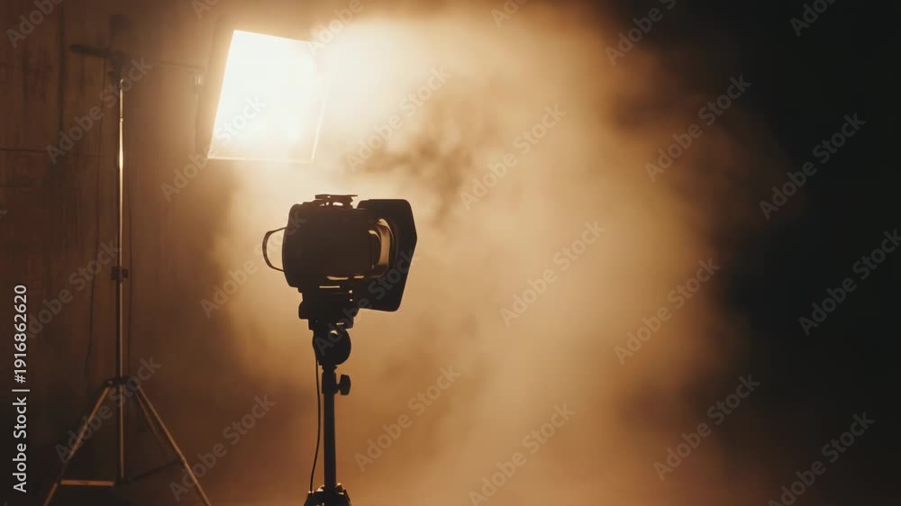 Studio Backlighting Film studio lights cut through haze on an empty set, dramatic warm ...
