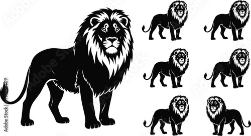 WebBlack and white majestic lion silhouette vector set, wild african animal mascot, isolated predator icons, king of jungle logo design,