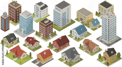 Isometric residential and commercial buildings set, modern houses, apartments, offices, urban architecture collection, real estate vector illustration design concept