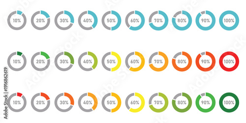 Percentage infographics in blue color. Circle loading and circle progress collection. Set of circle percentage diagrams for infographics 0 10 20 30 40 50 60 70 80 90 100 percent in red green color.