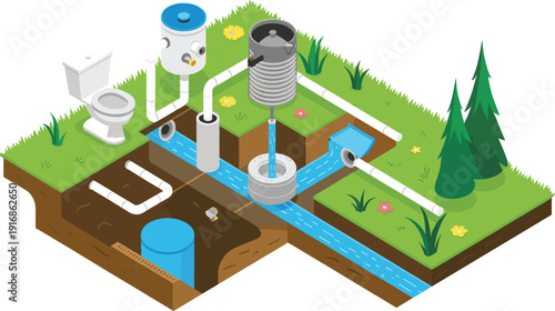 Isometric septic system diagram, underground wastewater treatment, sewer pipes, filtration tank, residential sanitation infrastructure, environmental engineering illustration concept design