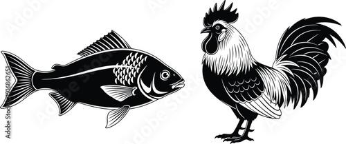 WebBlack and white vector illustration of a fish and a rooster, isolated on white background, vintage woodcut style animal silhouettes,