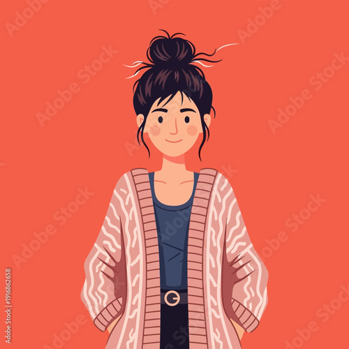 Woman Wearing Cardigan and Bun Hairstyle.