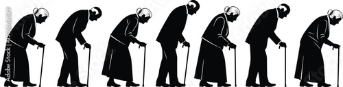 WebBlack silhouette set of elderly men and women walking with canes, senior people characters, aging process icon, geriatric care, isolated vector.
