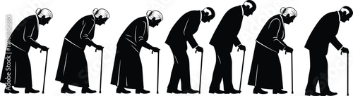 WebBlack silhouette set of elderly men and women walking with canes, senior people characters, aging process icon, geriatric care, isolated vector.