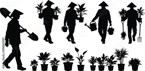 Black vector silhouette set of Asian gardeners carrying shovels watering cans and potted plants for farming agriculture garden maintenance and landscaping branding