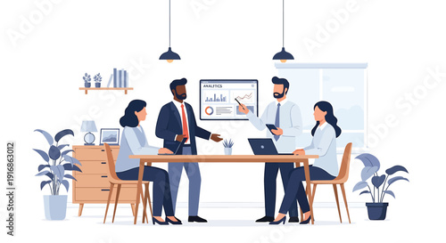 Office meeting with colleagues discussing on laptop, vector illustration of people sitting around a table.