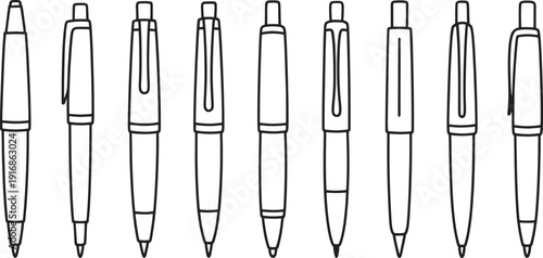 Black and white line of ten ballpoint pens line ballpoint pens stationery office supplies