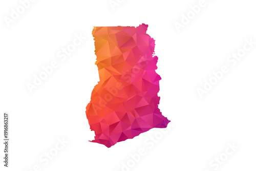 Ghana Map - Polygon Style Vector Illustration in Orange and Pink Gradient, Low Poly Geometric Design, Isolated on White Background for Infographics and Education.
