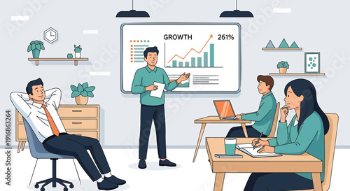 Business team meeting in modern office with presentation on screen