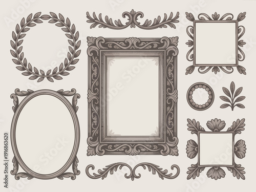 Ornate Vintage Picture Frames and Decorative Elements Set.