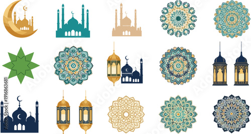 WebIslamic Ramadan Kareem and Eid Mubarak vector element set with mosque silhouettes, decorative lanterns, moon, stars, and complex mandala patterns.