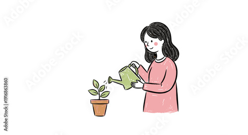 Motherhood Care Concept – Minimalist Childlike Crayon Drawing of Woman Watering Plant