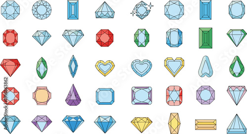 Gemstone and Diamond Shapes Large Collection with Various Cut Precious Jewels for Jewelry Design Luxury Decoration and Game Asset Vector Illustration.