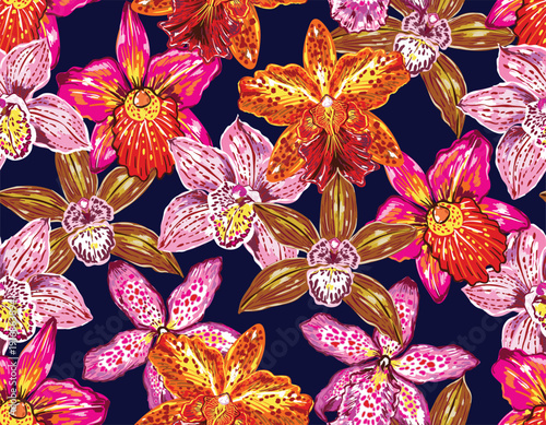 Trendy orchid flower print seamless pattern with vibrant tropical elements