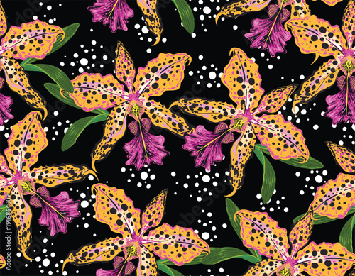 Trendy orchid flower print seamless pattern with vibrant tropical elements