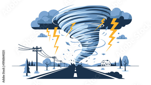 Powerful blue tornado storm moving along a highway with lightning bolts and dark clouds destroying a small house and power lines in landscape.