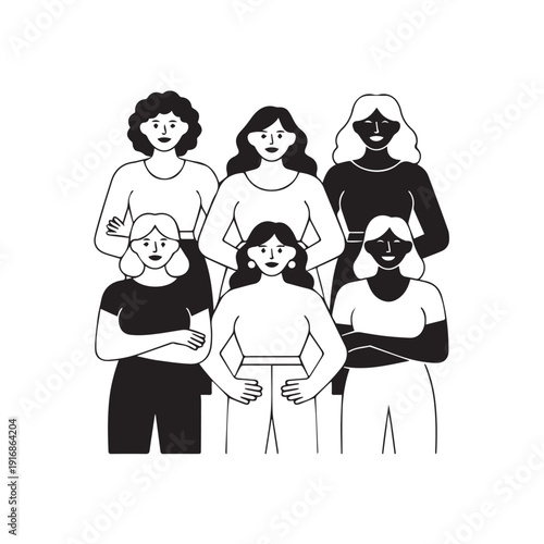 Empowered group of diverse women standing together in minimalist line art illustration for equality and sisterhood concept representing female strength leadership unity and community