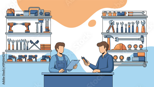 Mechanics interact at a workshop counter surrounded by shelves filled with various hand tools and equipment for maintenance.