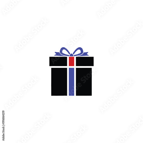  Minimalist Black Gift Box Icon with Vibrant Blue Bow and Red Ribbon Accent, Isolated on Clean White Background for Celebrations and Special Occasions