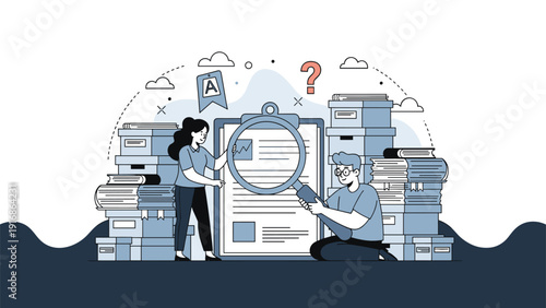 Analysts use a large magnifying glass to examine documents and data files amidst stacks of boxes in a research office.