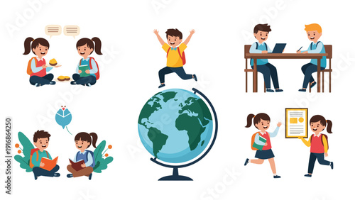 Group of happy schoolchildren participates in various educational activities like reading and playing around a desk and world globe.