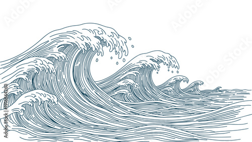 Stylized ocean waves are depicted in a classic linework style with flowing curves and splashing foam on a clean white background.