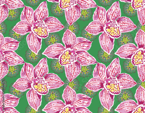 Trendy orchid flower print seamless pattern with vibrant tropical elements