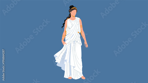 Woman dressed in a traditional ancient greek chiton stands gracefully against a solid blue background in a flat illustration style.