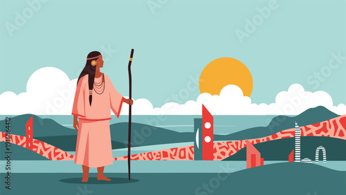 Indigenous woman with traditional clothing and a staff stands in a landscape with hills and futuristic red structures at sunset.