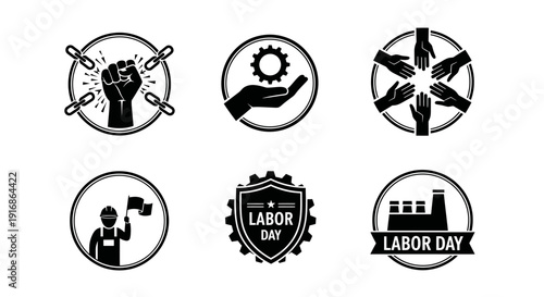 Labor day symbols fist chains gear hands worker factory emblem