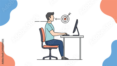 Diagram illustrates a person sitting at a desk with proper ergonomic posture to avoid back pain and eye strain while using a computer.