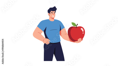 Smiling man proudly holds a large red apple representing healthy eating, nutrition, and a balanced lifestyle in a clean illustration.