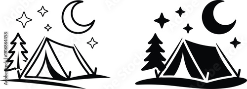 Black and white camping scene with tent trees moon and stars at night pine trees