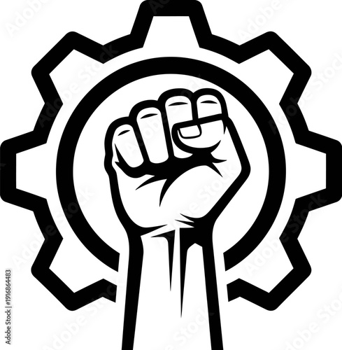 Revolutionary clenched fist inside gear wheel for industrial labor