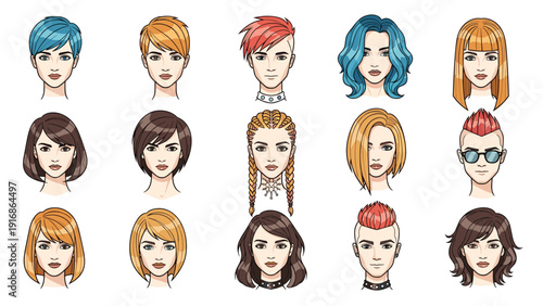 Set of diverse female portraits showcases various hairstyles, hair colors, and modern accessories in a professional grid format.