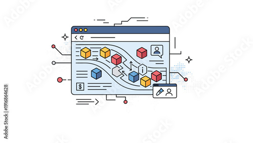 Digital workflow illustration displays data blocks moving through a system on a computer screen with flow lines and user interface.