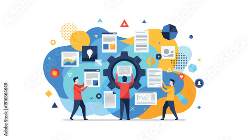 Team of professionals collaborates on a complex project by organizing data files and documents around a large central gear.