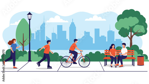 Active people enjoy a sunny day in a city park by running, rollerblading, and cycling with a tall city skyline background.