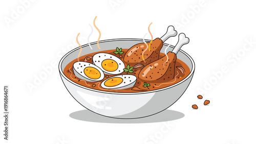 Spicy chicken and egg curry bowl features hot steam, fresh herbs, and boiled eggs in a flavorful rich broth on a plain background.