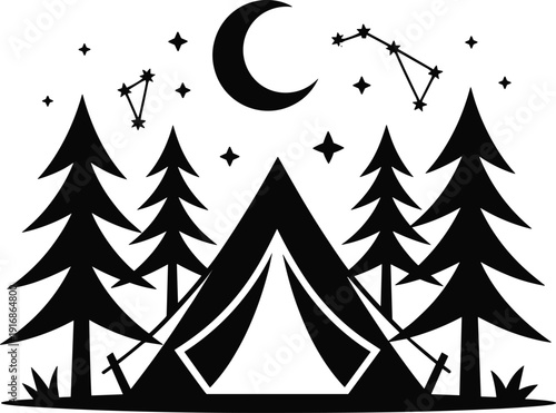 Black and white of a campsite with tents surrounded by pine trees under a crescent moon and stars