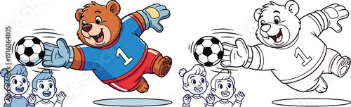 Cartoon Bear Goalkeeper Diving for Soccer Ball with Kids Sports Vector & Line Art