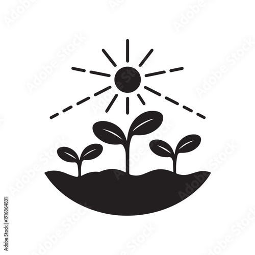 Simple silhouette of young plant sprouts growing from soil under shining sun rays in black and white icon style for environmental concepts and organic gardening growth metaphors